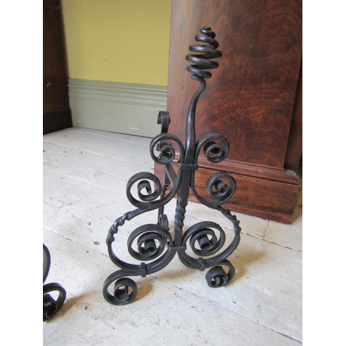 942 - Pair of Blacksmiths Hand Forged Wrought Metal Andirons Scrolled Form Each Approximately 14 Inches Hi... 