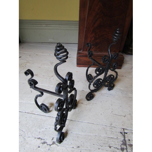 942 - Pair of Blacksmiths Hand Forged Wrought Metal Andirons Scrolled Form Each Approximately 14 Inches Hi... 