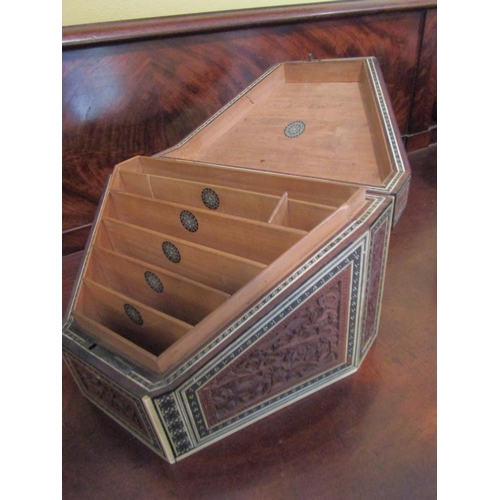 943 - Anglo Indian Carved Wooden Shaped Form Desktop Letter Rack with Fitted Interior Cedarwood Lined Appr... 