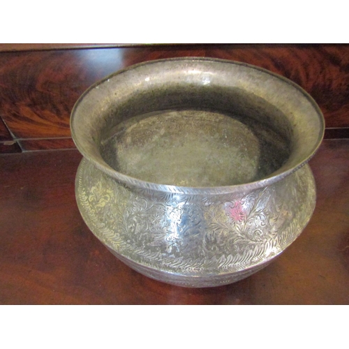 945 - Large Middle Eastern Shaped Formed White Metal Bowl Engraved Decoration Possibly Some Silver Content... 