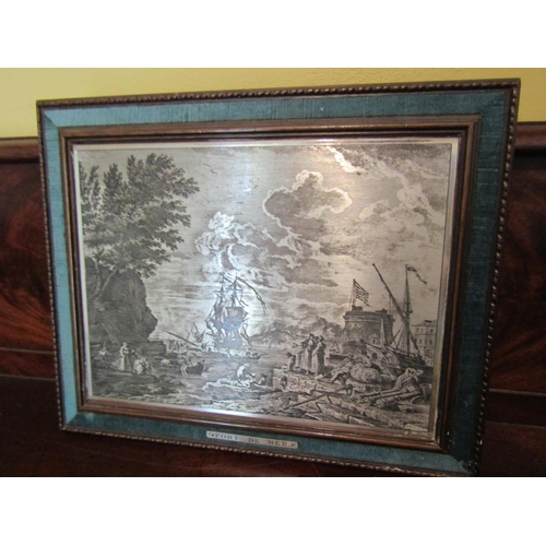 947 - Engraved Silver Plaque Depicting Maritime Scene with Port Framed Approximately 9 Inches High x 12 In... 