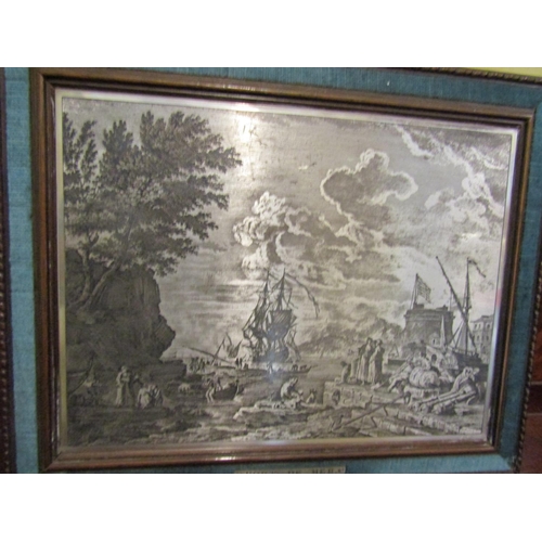 947 - Engraved Silver Plaque Depicting Maritime Scene with Port Framed Approximately 9 Inches High x 12 In... 