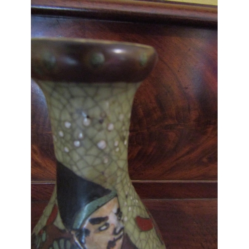 951 - Unusual Eastern Crackleware Shaped Form Vase Decorated with Warriors Approximately 9 Inches High Sig... 