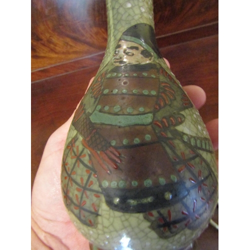 951 - Unusual Eastern Crackleware Shaped Form Vase Decorated with Warriors Approximately 9 Inches High Sig... 