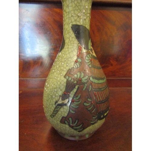 951 - Unusual Eastern Crackleware Shaped Form Vase Decorated with Warriors Approximately 9 Inches High Sig... 