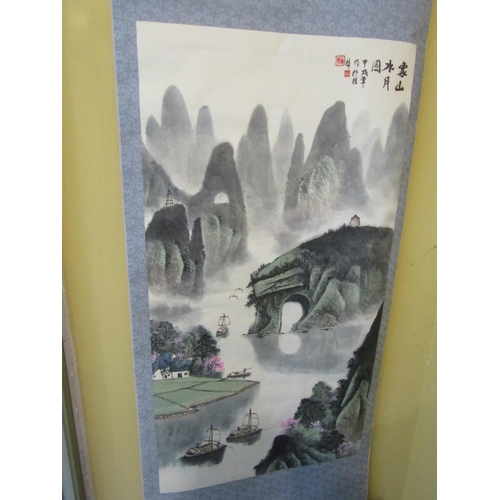 957 - Oriental Scroll Depicting Lakeside Scene Signed with Characters Upper Right Total Length Approximate... 