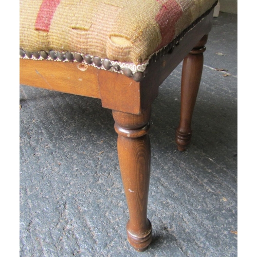 974 - Kelim Upholstered Footstool or Duet Stool Mahogany Base Turned Supports Approximately 32 Inches Wide