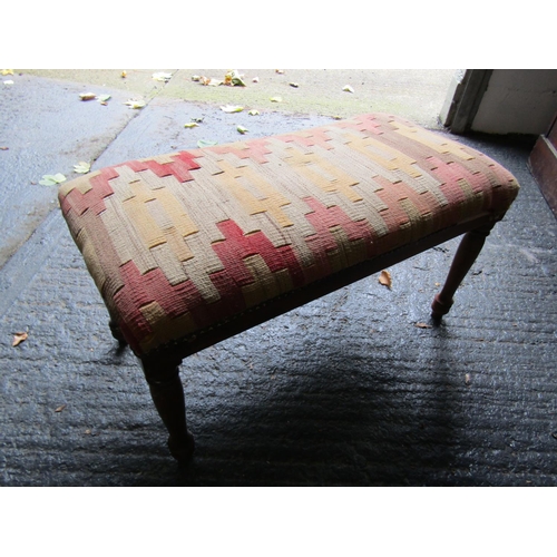 974 - Kelim Upholstered Footstool or Duet Stool Mahogany Base Turned Supports Approximately 32 Inches Wide