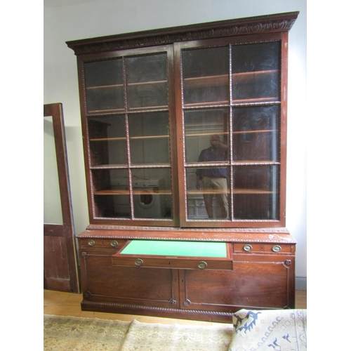 991 - Library Bookcase Glazed Twin Doors Above Covered Base Mahogany with Fitted Pull-out Centre Drawer Wr... 