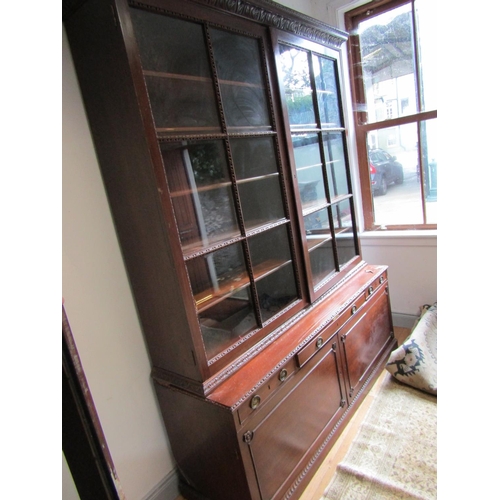 991 - Library Bookcase Glazed Twin Doors Above Covered Base Mahogany with Fitted Pull-out Centre Drawer Wr... 