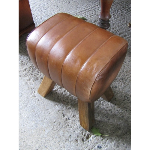 2057 - Designer Tan Leather Footstool  Approximately 18 Inches Wide x 22 Inches High