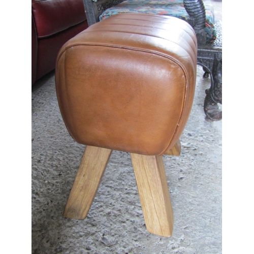 2057 - Designer Tan Leather Footstool  Approximately 18 Inches Wide x 22 Inches High