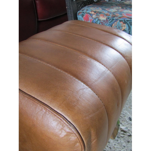 2057 - Designer Tan Leather Footstool  Approximately 18 Inches Wide x 22 Inches High