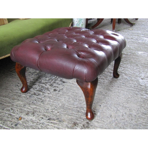 2058 - Burgundy Leather Deep Button Upholstered Footstool Mahogany Framed Queen Anne Supports Approximately... 