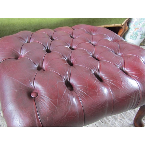 2058 - Burgundy Leather Deep Button Upholstered Footstool Mahogany Framed Queen Anne Supports Approximately... 