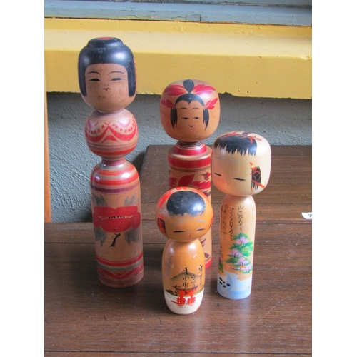 2061 - Four Old Japanese Painted Wooden Dolls Tallest Approximately 14 Inches High