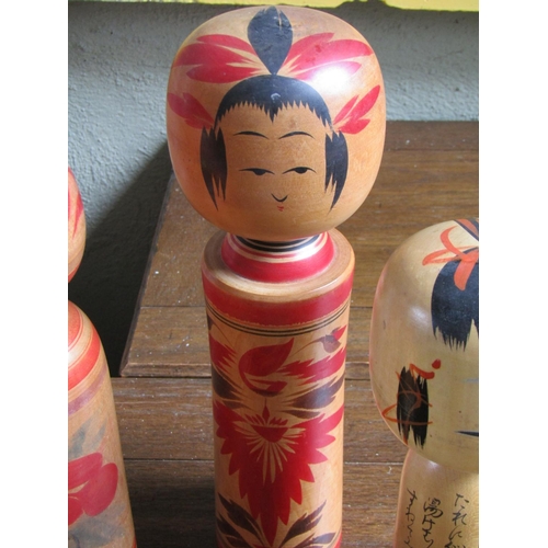 2061 - Four Old Japanese Painted Wooden Dolls Tallest Approximately 14 Inches High