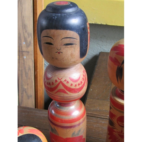 2061 - Four Old Japanese Painted Wooden Dolls Tallest Approximately 14 Inches High