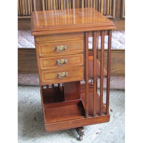 2065 - Edwardian Mahogany Revolving Floor Bookcase with Three Drawers to One Side Satinwood Inlay Throughou... 