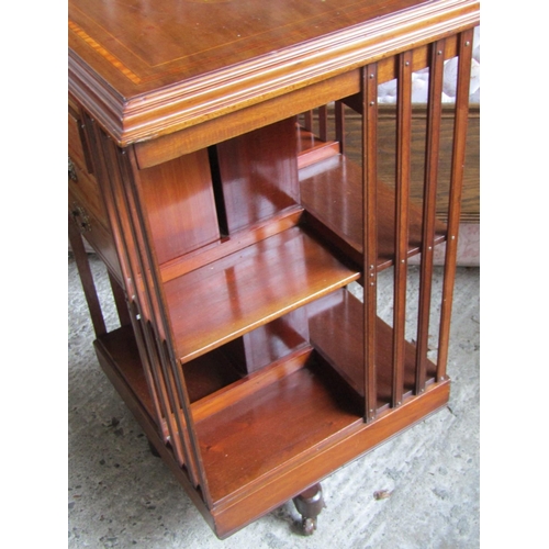 2065 - Edwardian Mahogany Revolving Floor Bookcase with Three Drawers to One Side Satinwood Inlay Throughou... 