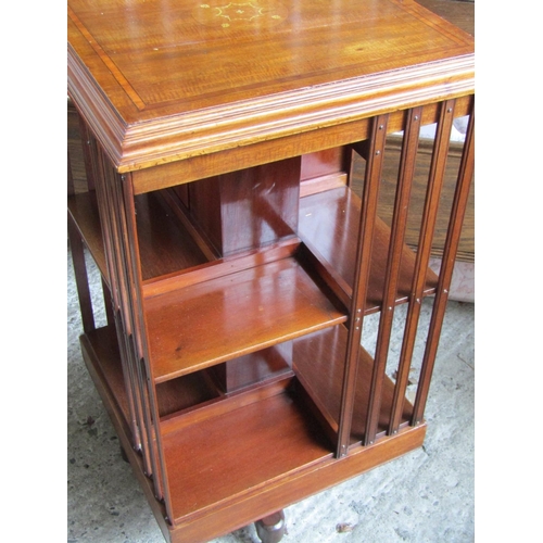 2065 - Edwardian Mahogany Revolving Floor Bookcase with Three Drawers to One Side Satinwood Inlay Throughou... 