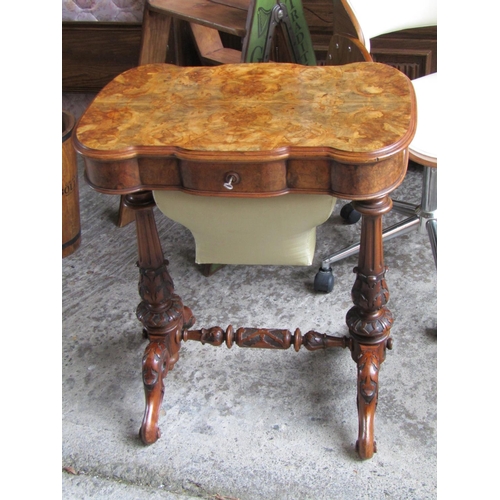 2068 - Victorian Figured Walnut Ladies Work table with Well Fitted Interior above Carved Side Supports Appr... 