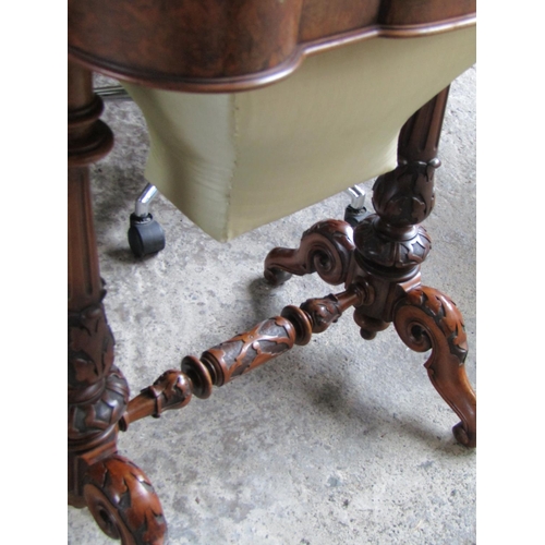 2068 - Victorian Figured Walnut Ladies Work table with Well Fitted Interior above Carved Side Supports Appr... 