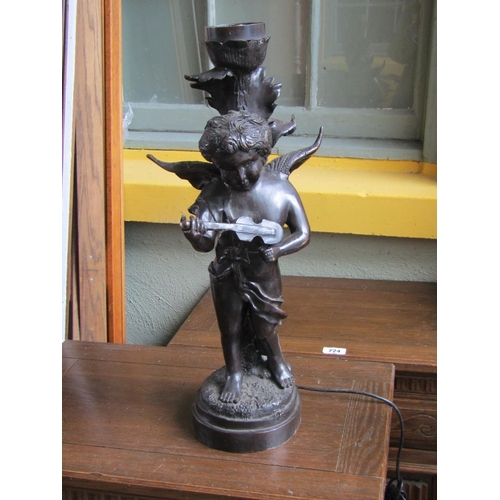 2071 - Bronze Lamp Musical Cherub Motif Decoration Electrified Lacking Shade Approximately 20 Inches High