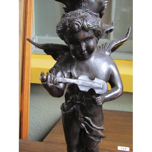 2071 - Bronze Lamp Musical Cherub Motif Decoration Electrified Lacking Shade Approximately 20 Inches High