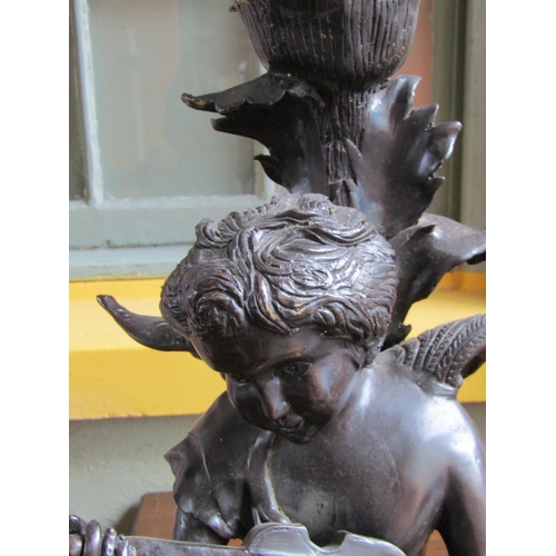 2071 - Bronze Lamp Musical Cherub Motif Decoration Electrified Lacking Shade Approximately 20 Inches High