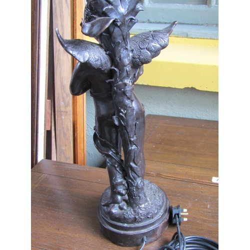 2071 - Bronze Lamp Musical Cherub Motif Decoration Electrified Lacking Shade Approximately 20 Inches High