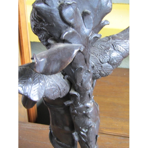 2071 - Bronze Lamp Musical Cherub Motif Decoration Electrified Lacking Shade Approximately 20 Inches High