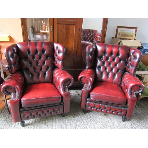 2073 - Pair of Generous Form Deep Button Uppholstered Burgundy Leather Chesterfield Wingback Armchairs Both... 