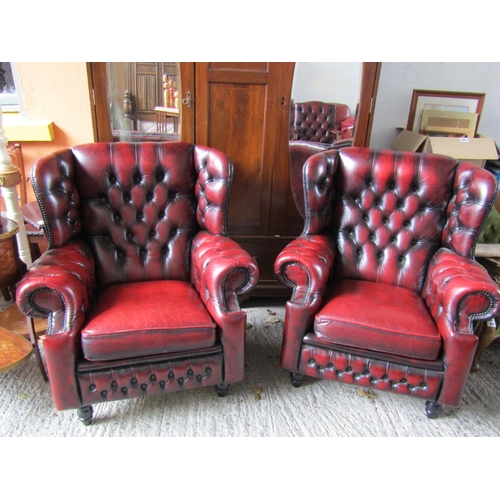 2073 - Pair of Generous Form Deep Button Uppholstered Burgundy Leather Chesterfield Wingback Armchairs Both... 