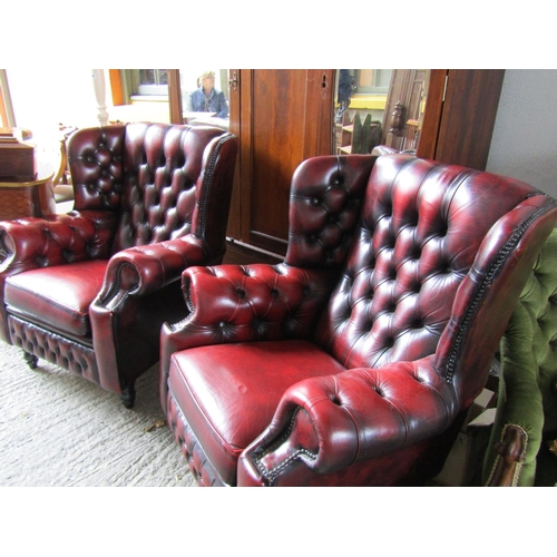 2073 - Pair of Generous Form Deep Button Uppholstered Burgundy Leather Chesterfield Wingback Armchairs Both... 