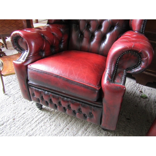 2073 - Pair of Generous Form Deep Button Uppholstered Burgundy Leather Chesterfield Wingback Armchairs Both... 