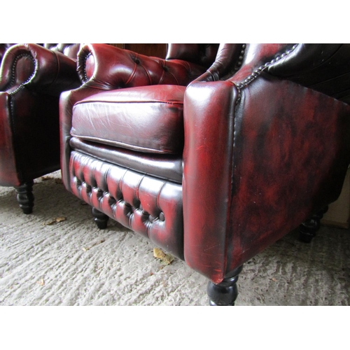 2073 - Pair of Generous Form Deep Button Uppholstered Burgundy Leather Chesterfield Wingback Armchairs Both... 