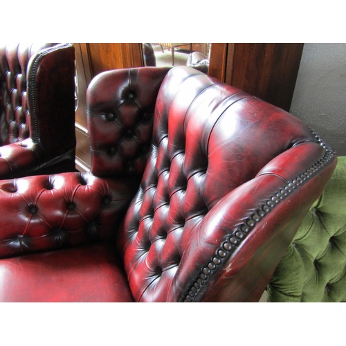 2073 - Pair of Generous Form Deep Button Uppholstered Burgundy Leather Chesterfield Wingback Armchairs Both... 