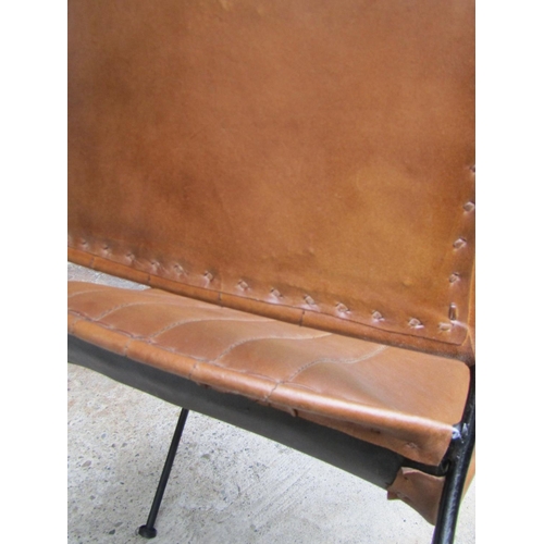 2074 - Pair of Designer Tan Leather Armchairs Wrought Iron Frames Wooden Panel Armrests Good Construction