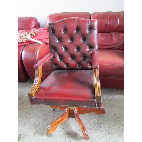 2075 - Burgundy Leather Deep Button Upholstered Full Size Gainsborough Desk Armchair Swivel Base