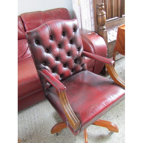 2075 - Burgundy Leather Deep Button Upholstered Full Size Gainsborough Desk Armchair Swivel Base