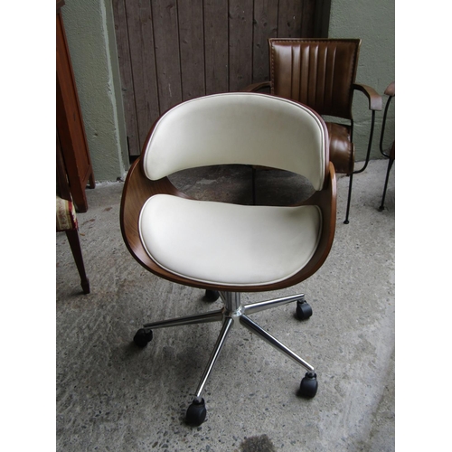 2076 - Designer Desk Armchair Walnut Framed above Chrome Swivel Base Eames Style