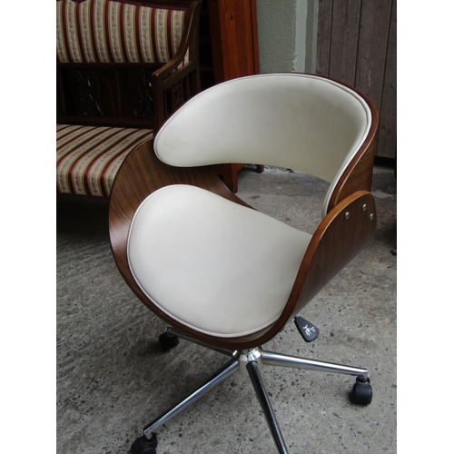 2076 - Designer Desk Armchair Walnut Framed above Chrome Swivel Base Eames Style