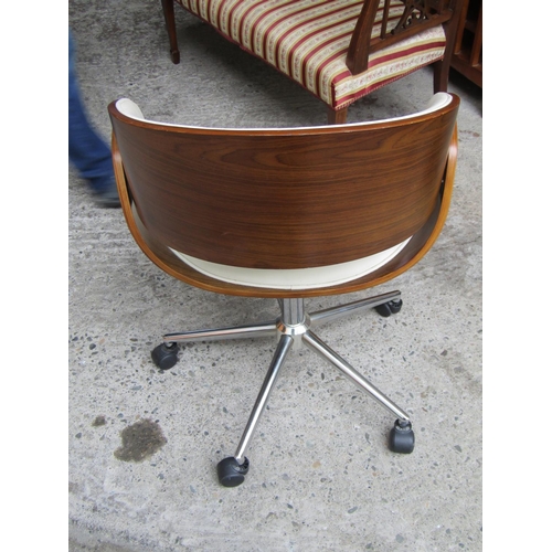 2076 - Designer Desk Armchair Walnut Framed above Chrome Swivel Base Eames Style