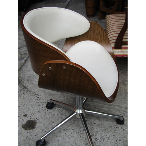 2076 - Designer Desk Armchair Walnut Framed above Chrome Swivel Base Eames Style