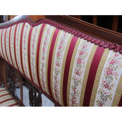 2077 - Edwardian Satinwood Inlaid Mahogany Twin Settee Attractively Upholstered above Tapering Supports App... 