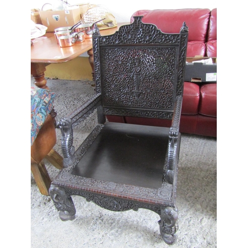 2078 - Antique Eastern Carved Hardwood Armchair with Cushion Approximately 24 Inches Wide