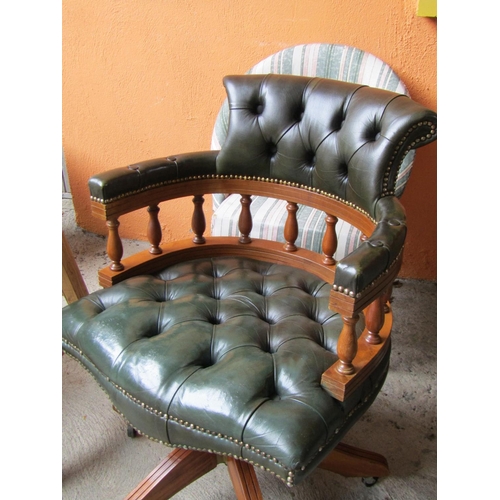 2081 - Green Leather Upholstered Captain's Desk Armchair Galleried Rail Decoration above Swivel Base