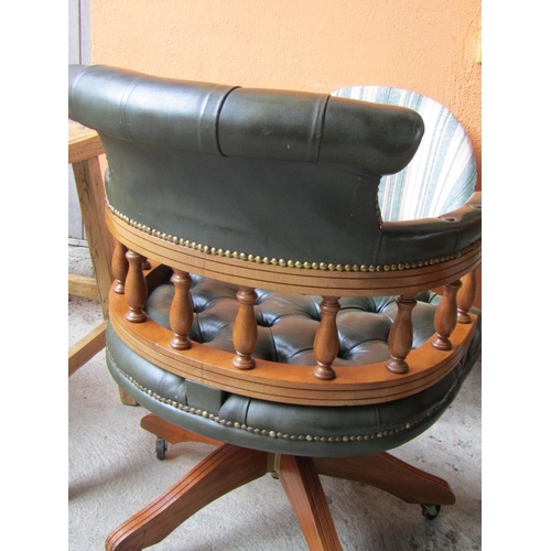 2081 - Green Leather Upholstered Captain's Desk Armchair Galleried Rail Decoration above Swivel Base