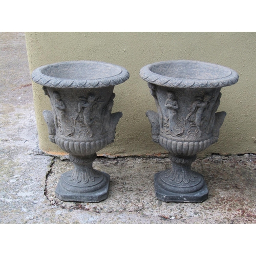 2090 - Pair of Composite Stone Pedestal Urns Classical Form Each Approximately 24 Inches High